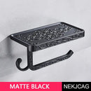 Ornate black metal toilet paper holder with phone shelf bathroom hook by Decorbites