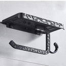Ornate black metal toilet paper holder with phone shelf bathroom hook by Decorbites
