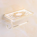 Ornate black metal toilet paper holder with phone shelf bathroom hook by Decorbites