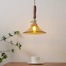 GobekUsa Amber Glass LED Pendant Light with Walnut Handle for Dining Living Room