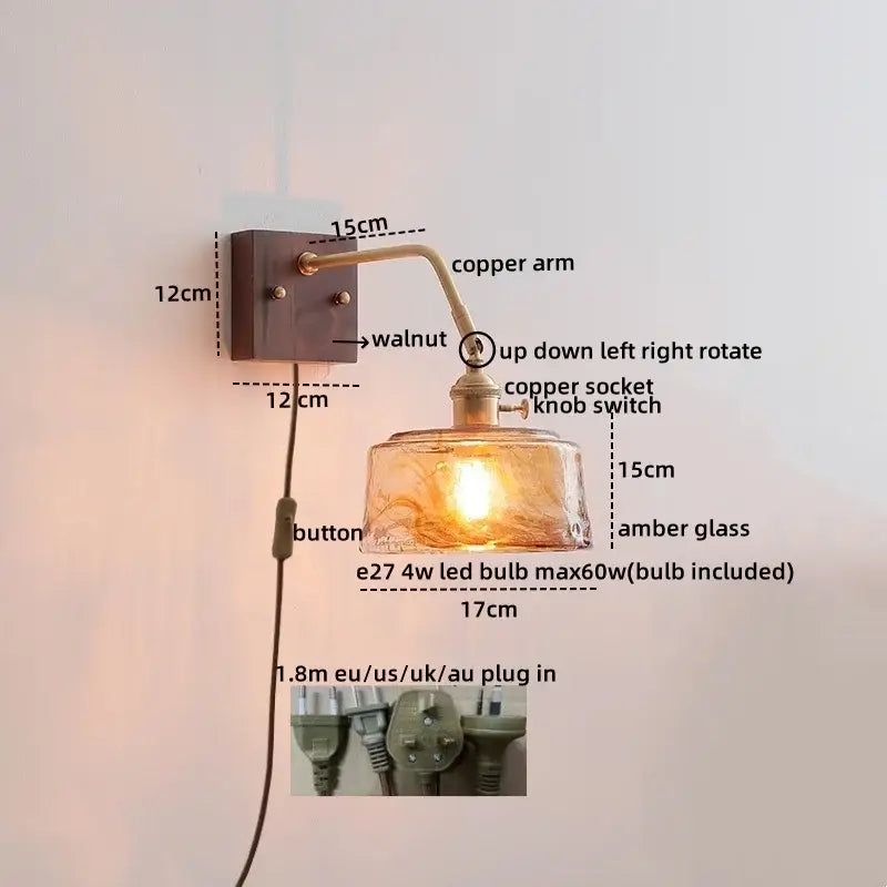 GobekUsa Amber Glass LED Wall Sconce Pull Chain Switch., photo 8 of 22