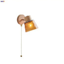 GobekUsa Amber Glass LED Wall Sconce with Pull Chain Switch, Nordic Modern Wood Stair Light