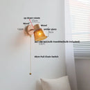 GobekUsa Amber Glass LED Wall Sconce with Pull Chain Switch, Nordic Modern Wood Stair Light