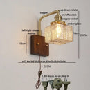 GobekUsa Amber Glass LED Wall Sconce with Walnut Wood, Pull Chain Switch for Living Room