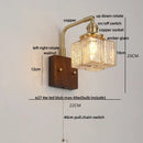 GobekUsa Amber Glass LED Wall Sconce with Walnut Wood, Pull Chain Switch for Living Room