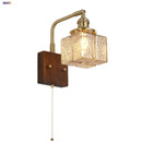 GobekUsa Amber Glass LED Wall Sconce with Walnut Wood, Pull Chain Switch for Living Room