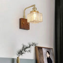GobekUsa Amber Glass LED Wall Sconce with Walnut Wood, Pull Chain Switch for Living Room