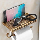 Antique brass ornate toilet paper holder with phone shelf bathroom by Decorbites
