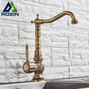 GobekUsa Antique Brass Basin Faucet Long Spout Flower Carved Sink Tap 360 Rotation
