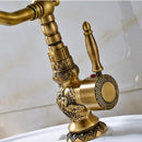 GobekUsa Antique Brass Basin Faucet Long Spout Flower Carved Sink Tap 360 Rotation