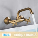 GobekUsa Antique Brass Basin Faucet Wall Mounted Dual Handles Swivel Spout Mixer Tap