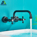 GobekUsa Antique Brass Basin Faucet Wall Mounted Dual Handles Swivel Spout Mixer Tap