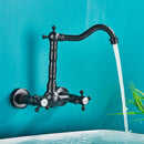 GobekUsa Antique Brass Basin Faucet Wall Mounted Dual Handles Swivel Spout Mixer Tap