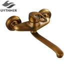 GobekUsa Antique Brass Bathroom Basin Faucet Long Spout Dual Handle Wall Mount