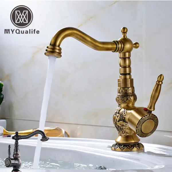GobekUsa Antique Brass Bathroom Sink Faucet Mixer, Single Handle Hot Cold Water Tap