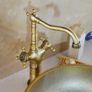 GobekUsa Antique Brass Carved Waterfall Bathroom Faucet Set Mixer Tap