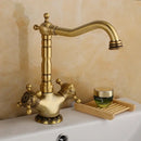 GobekUsa Antique Brass Carved Waterfall Bathroom Faucet Set Mixer Tap