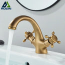 GobekUsa Antique Brass Dual Handle Basin Faucet Deck Mounted Bathroom Mixer Tap