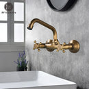 GobekUsa Antique Brass Dual Handle Wall Mount Kitchen Faucet