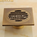 Antique brass flower art floor drain bathroom square grille by Decorbites
