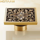 Antique brass flower art square floor drain black & gold bathroom by Decorbites