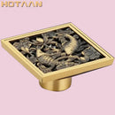 Antique brass flower art square floor drain black & gold bathroom by Decorbites