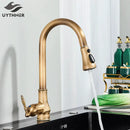 GobekUsa Antique Brass Kitchen Faucet Pull Out Single Handle Mixer Tap 360 Rotation