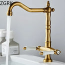 GobekUsa Antique Brass Kitchen Faucet with Dual Handles and 360° Rotation