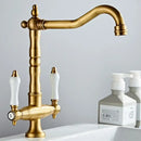 GobekUsa Antique Brass Kitchen Faucet with Dual Handles and 360° Rotation