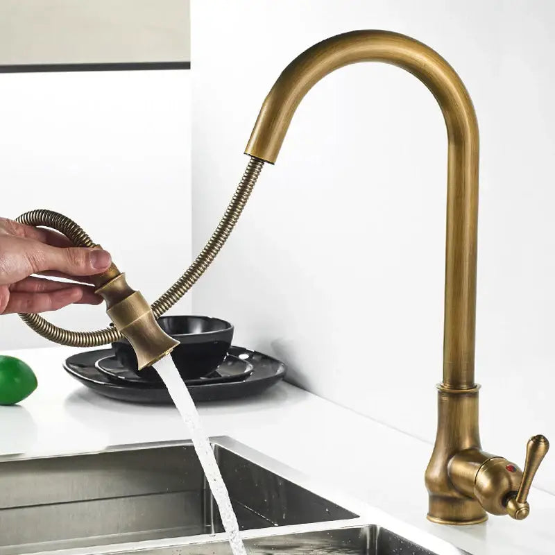 GobekUsa Antique Brass Pull Out Kitchen Faucet with Stream Sprayer Head, photo 4 of 5