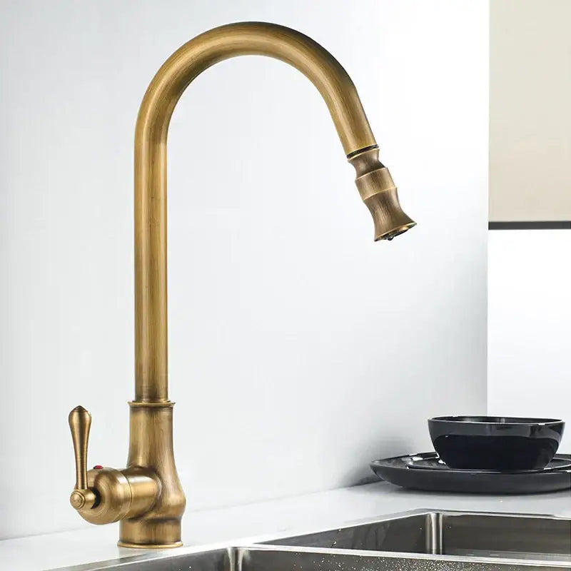 GobekUsa Antique Brass Pull Out Kitchen Faucet with Stream Sprayer Head, photo 5 of 5