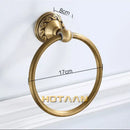Antique brass round towel ring with ornate leaf mount for bathroom by Decorbites