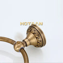 Antique brass round towel ring with ornate leaf mount for bathroom by Decorbites