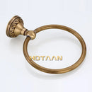 Antique brass round towel ring with ornate leaf mount for bathroom by Decorbites