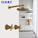 GobekUsa Antique Brass Round Wall Mounted Rainfall Shower Faucet Set with 2 Handles