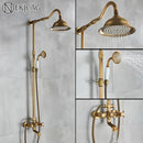 GobekUsa Antique Brass Shower Faucet with Ceramics Hand Spray and 8'' Rainfall Head