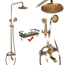 GobekUsa Antique Brass Wall Mount Bathtub Shower Faucet Dual Handle Shelf Spout