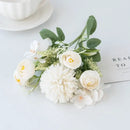 White and yellow artificial hydrangea tea rose bouquet living room by Decorbites
