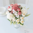 White and yellow artificial hydrangea tea rose bouquet living room by Decorbites