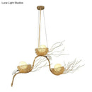 GobekUsa Artistic 3-Light Beige Nest and Egg Island Pendant with Cream Glass Shade
