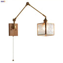 GobekUsa Ash Wood LED Swing Arm Wall Light with Pull Chain Switch & Blue Glass