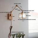 GobekUsa Ash Wood LED Swing Arm Wall Light with Pull Chain Switch & Blue Glass