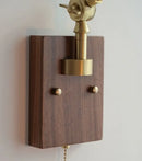 GobekUsa Ash Wood LED Swing Arm Wall Light with Pull Chain Switch & Blue Glass