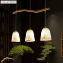 GobekUsa Bamboo Bell Shade Pendant Light - South-east Asian Tea Room Island Lighting with 3 Heads - Wood Finish