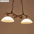 GobekUsa Beige Glass Dark Coffee Pendant Light with Antler Decor - Restaurant Hanging Island Light (2 Heads)