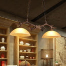 GobekUsa Beige Glass Dark Coffee Pendant Light with Antler Decor - Restaurant Hanging Island Light (2 Heads)