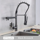 GobekUsa Black Brass Kitchen Faucet with Dual Spout, 360 Rotation, Deck Mounted