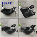 GobekUsa Black Glass Bathroom Sink Set with Hand Painted Design & Waterfall Faucet