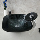 GobekUsa Black Glass Bathroom Sink Set with Hand Painted Design & Waterfall Faucet