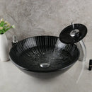 GobekUsa Black Glass Bathroom Sink Set with Hand Painted Design & Waterfall Faucet